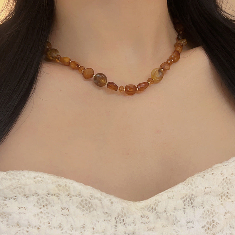 Maillard style irregular tiger eye stone bead necklace, fashionable, luxurious, high-end, short neck chain