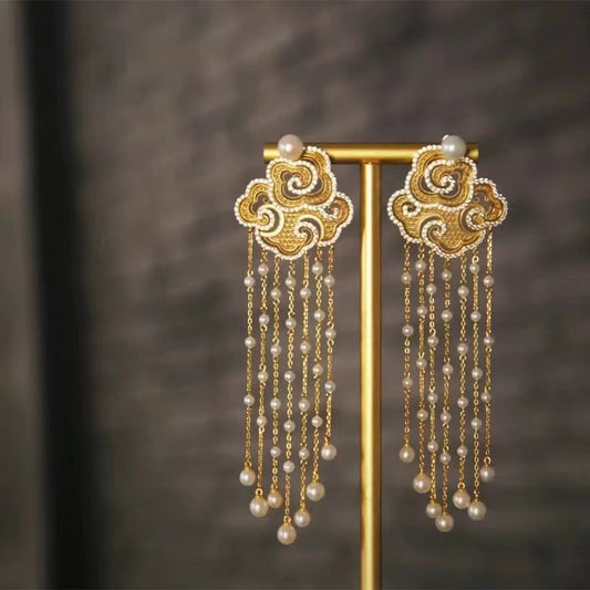 Xiangyun tassel earrings, long style, fashionable and high-end, diamond studded pearl earrings, versatile temperament, new Chinese style earrings